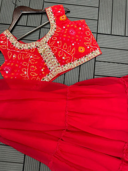 Trending Party Wear Shrug Lehenga In Red Color in Georgette Fabric