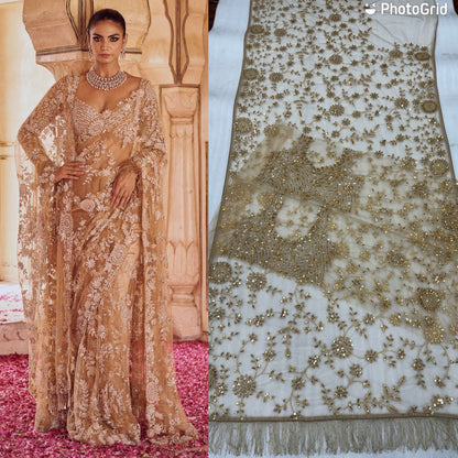 Bollywood Blockbuster Designer Saree in Net Fabric in golden Color shade