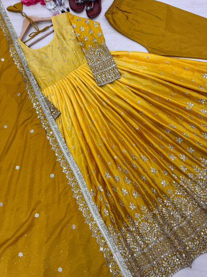 Beautiful Designer Yellow Color Partywear Dress in Chinon Fabric