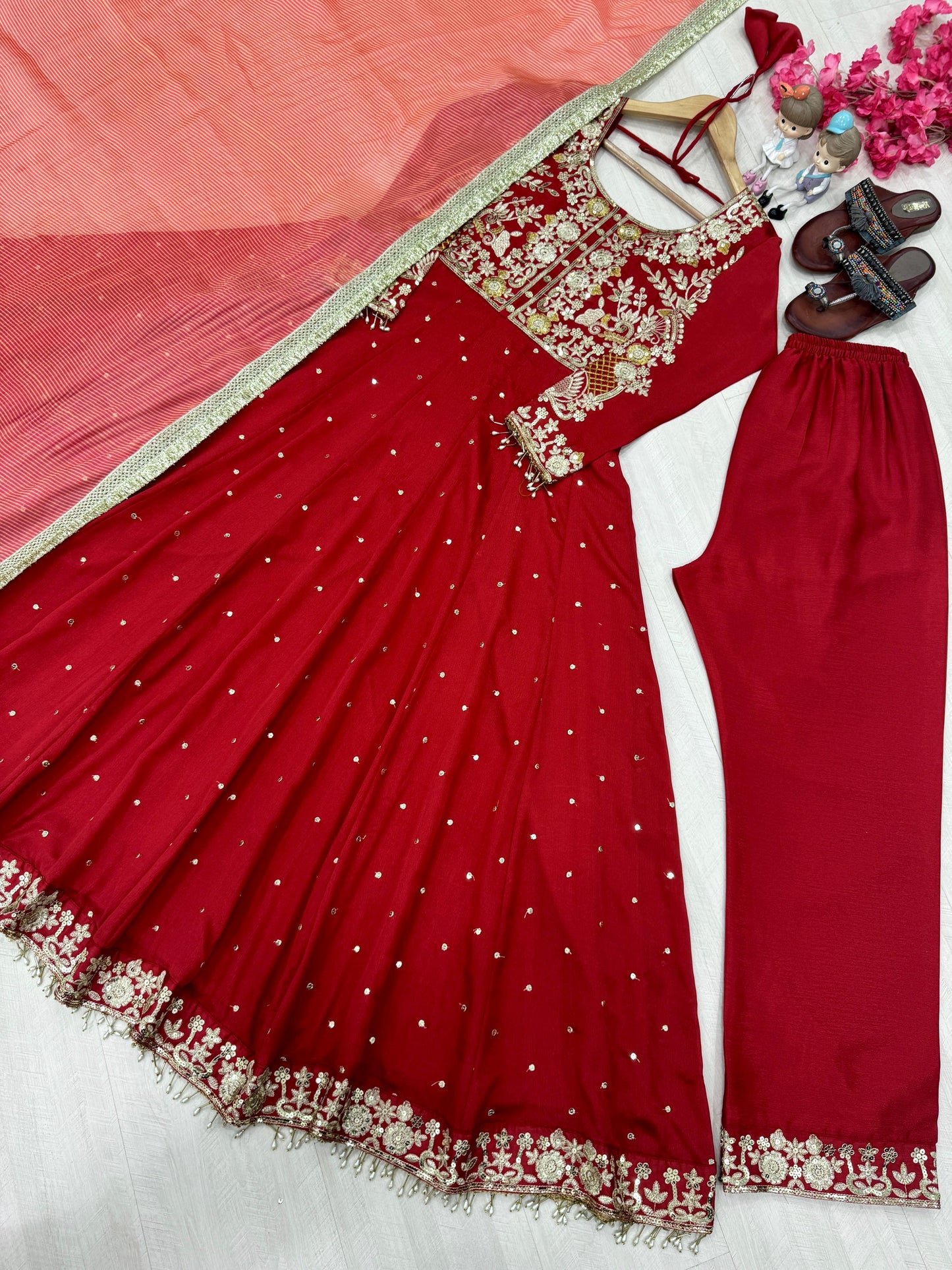 Anarkali Gown in red color in chinon fabric