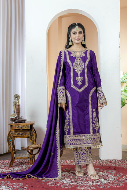 Blue Color Beautiful Partywear Chinon fabric Suit