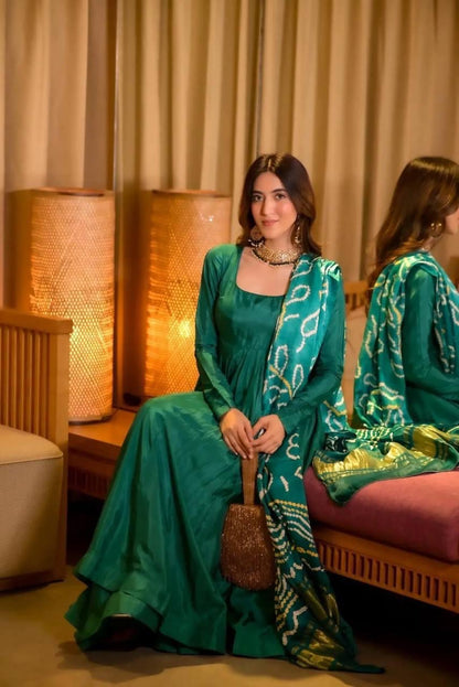 Green Color Beautiful Silk Suit Gown For Small Family function