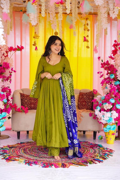 Neon Green Suit Set With Exquisite Embroidery On A Chinnon Kurta, Complemented By A Beautifully Printed Dupatta