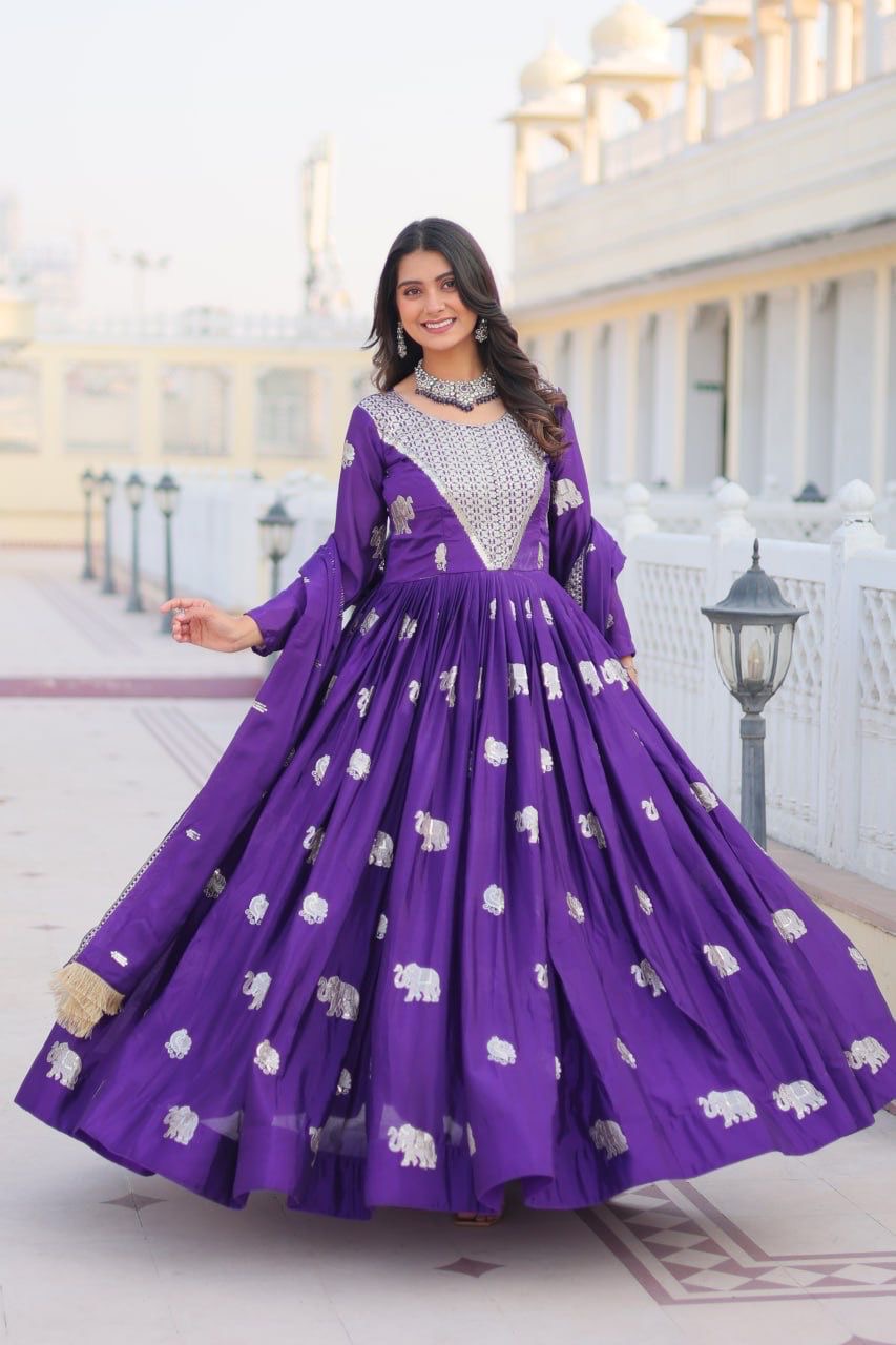 Purple Color Beautiful Anarkali Gown In Gerogette Fabric