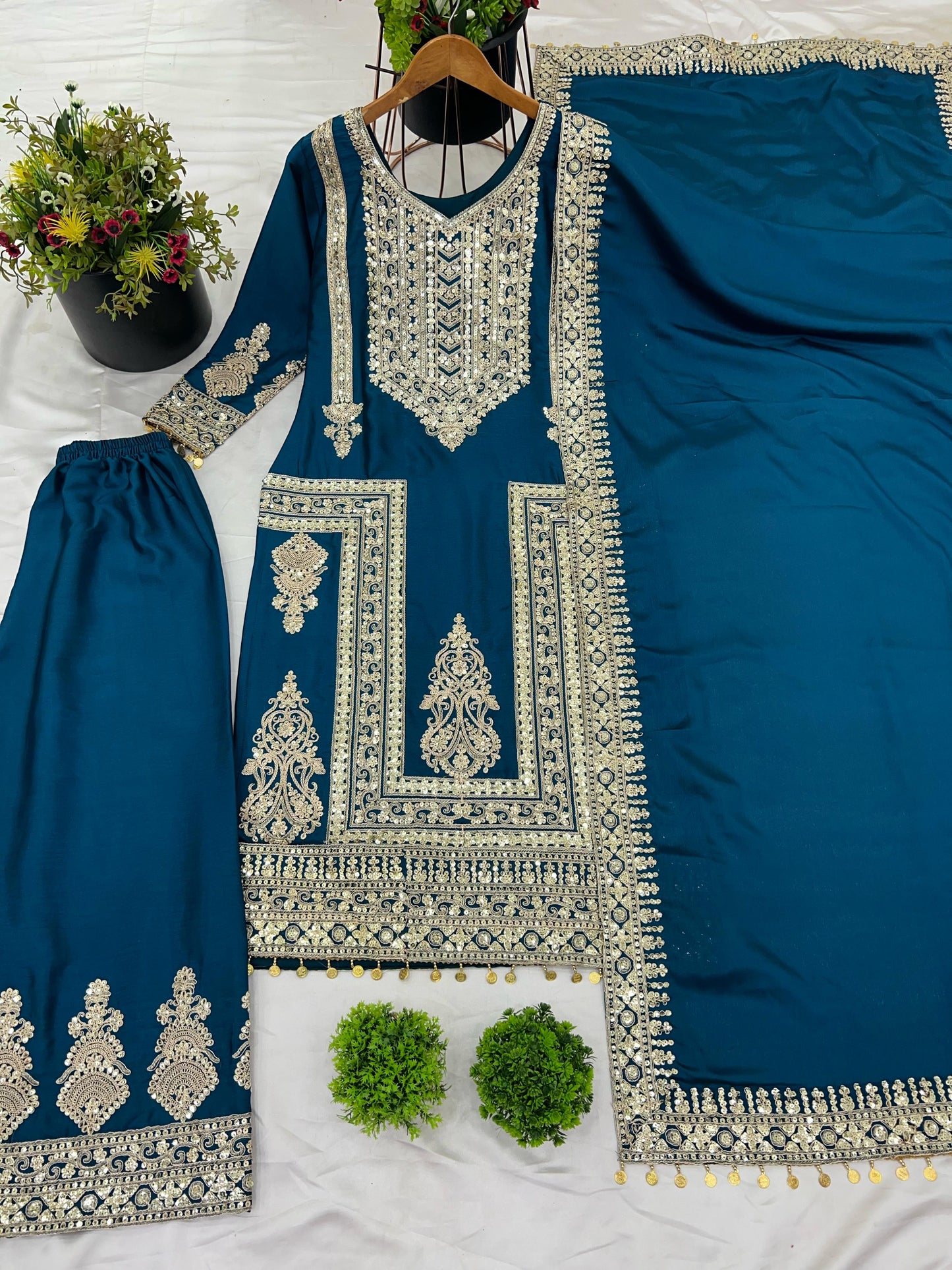 Blue Color Beautiful Partywear Dress in Chinon Fabric