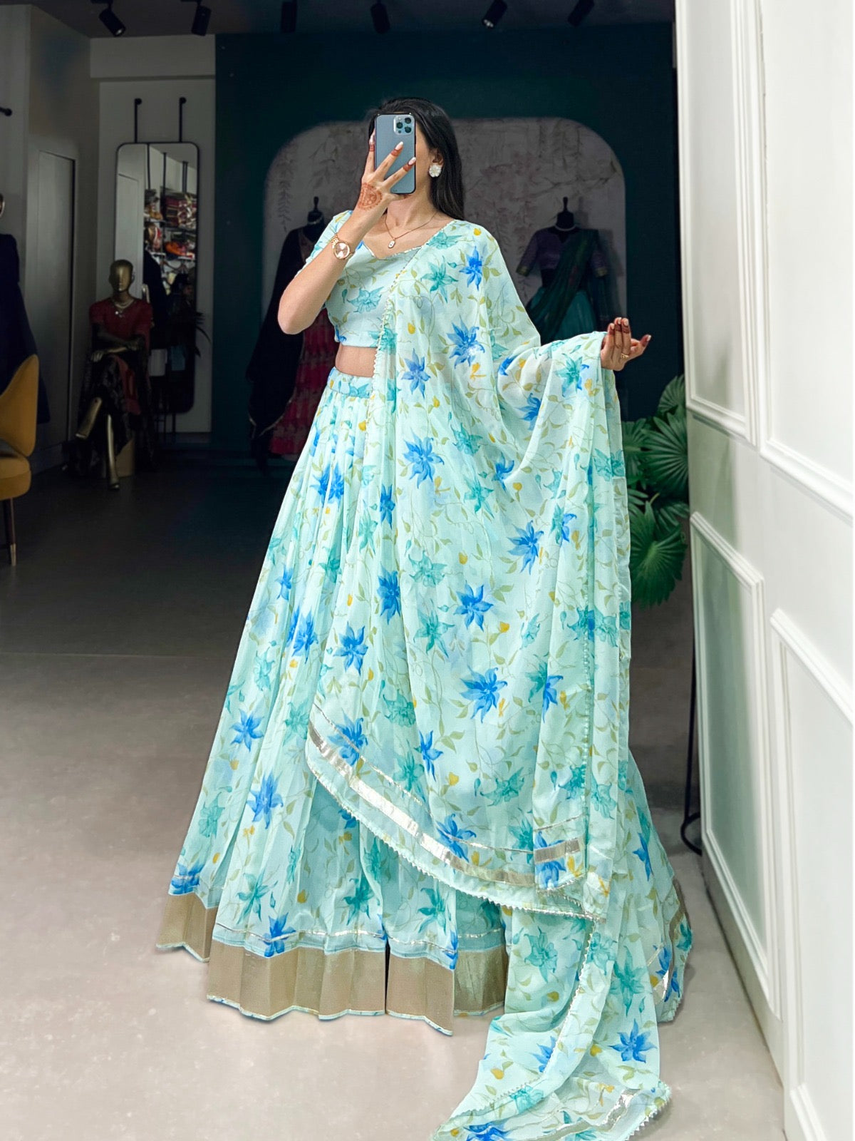 Beautiful Flower Prints Lehenga. Choli In sky blue Color In tabby silk fabric