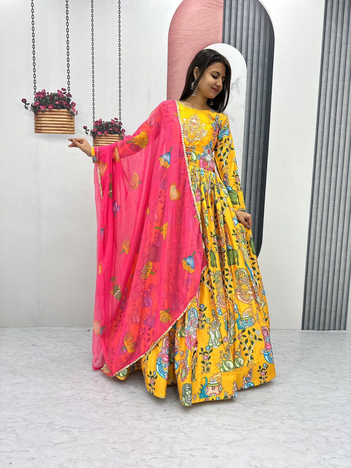 Beautiful Kalamkari Print Gown In Yellow Color