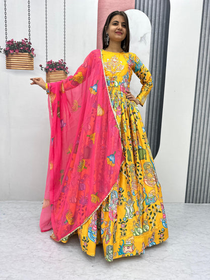 Beautiful Kalamkari Print Gown In Yellow Color