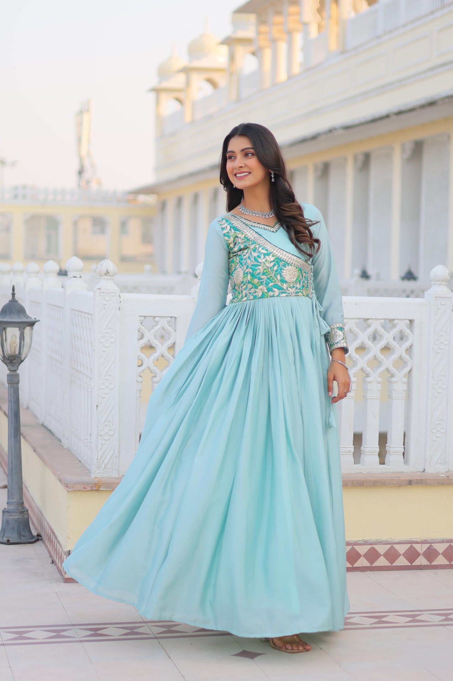 Sky Blue Color Chinon Fabric Anarkali Gown