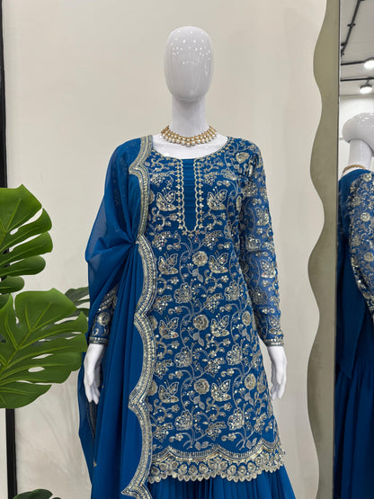 Blue Color Beautiful Sharara Suit For Wedding Function in Georgette Fabric