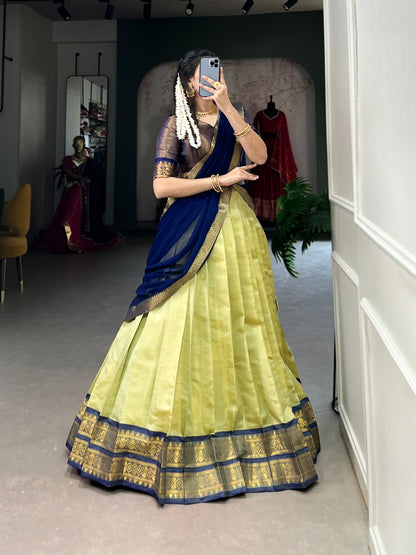 Beautful Kanchipuram Silk Lehenga Choli For Wedding Function Light yellow