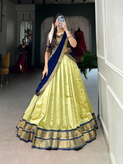 Beautful Kanchipuram Silk Lehenga Choli For Wedding Function Light yellow