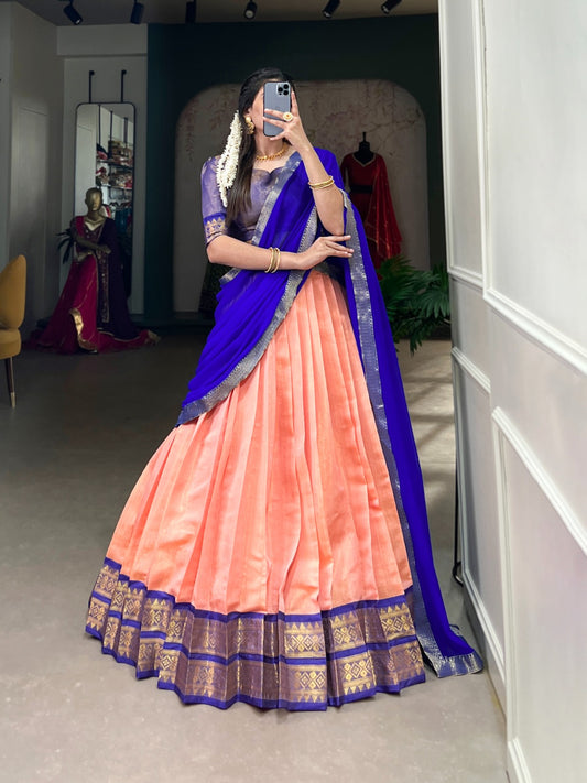 Beautiful Kanchipuram Silk Lehenga Choli For Wedding Function in orange color