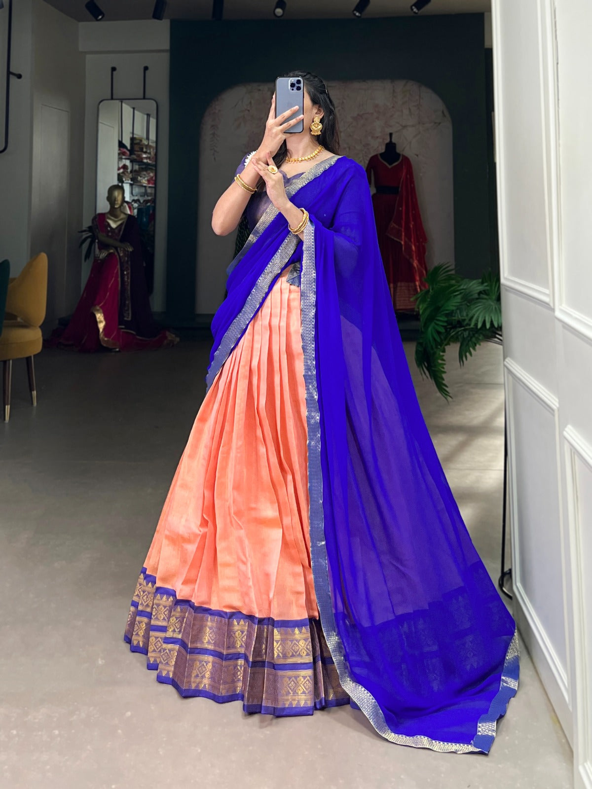 Beautiful Kanchipuram Silk Lehenga Choli For Wedding Function in orange color