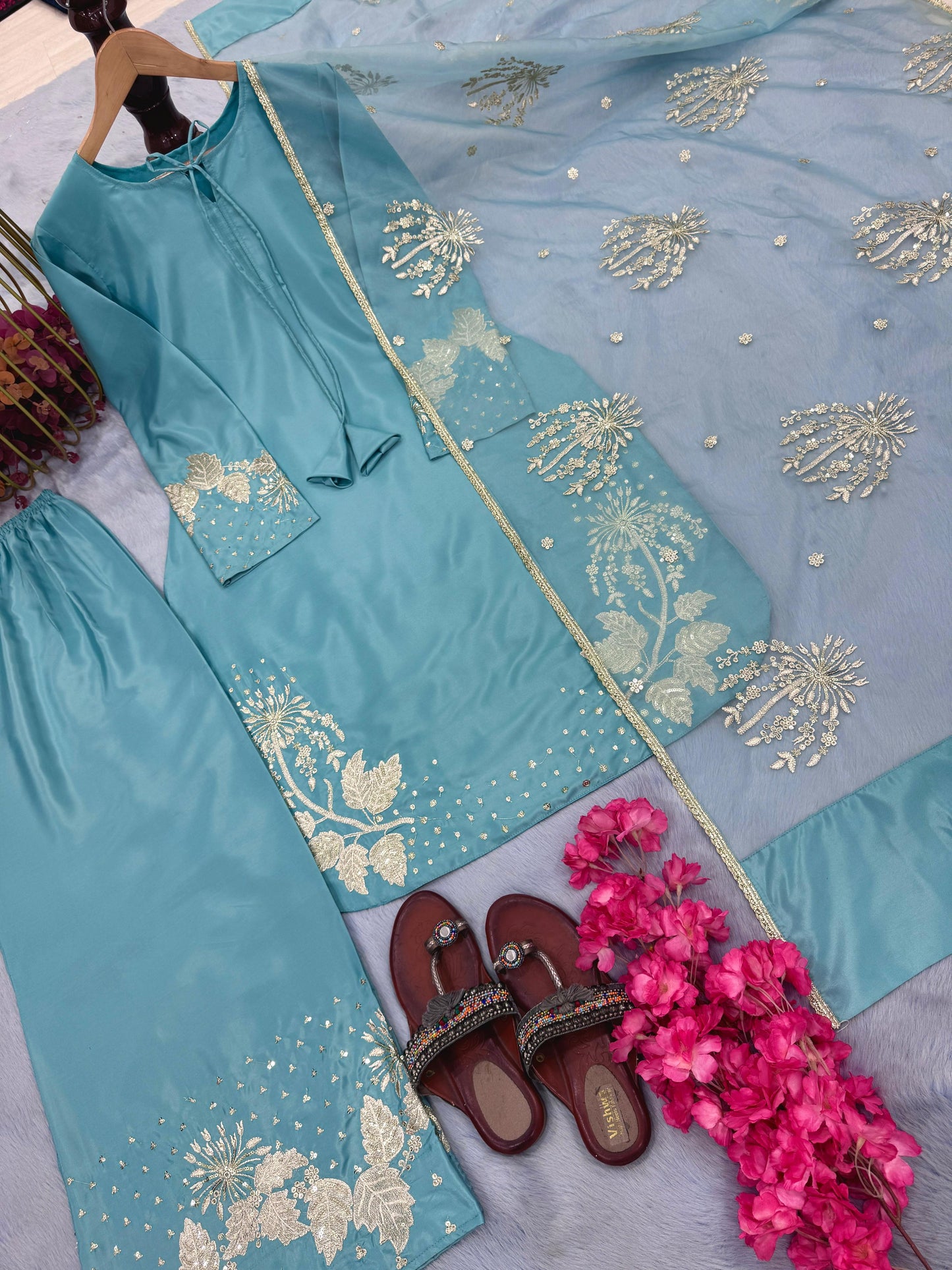 Sky Blue Color Beautiful Crepe Fabric Suit