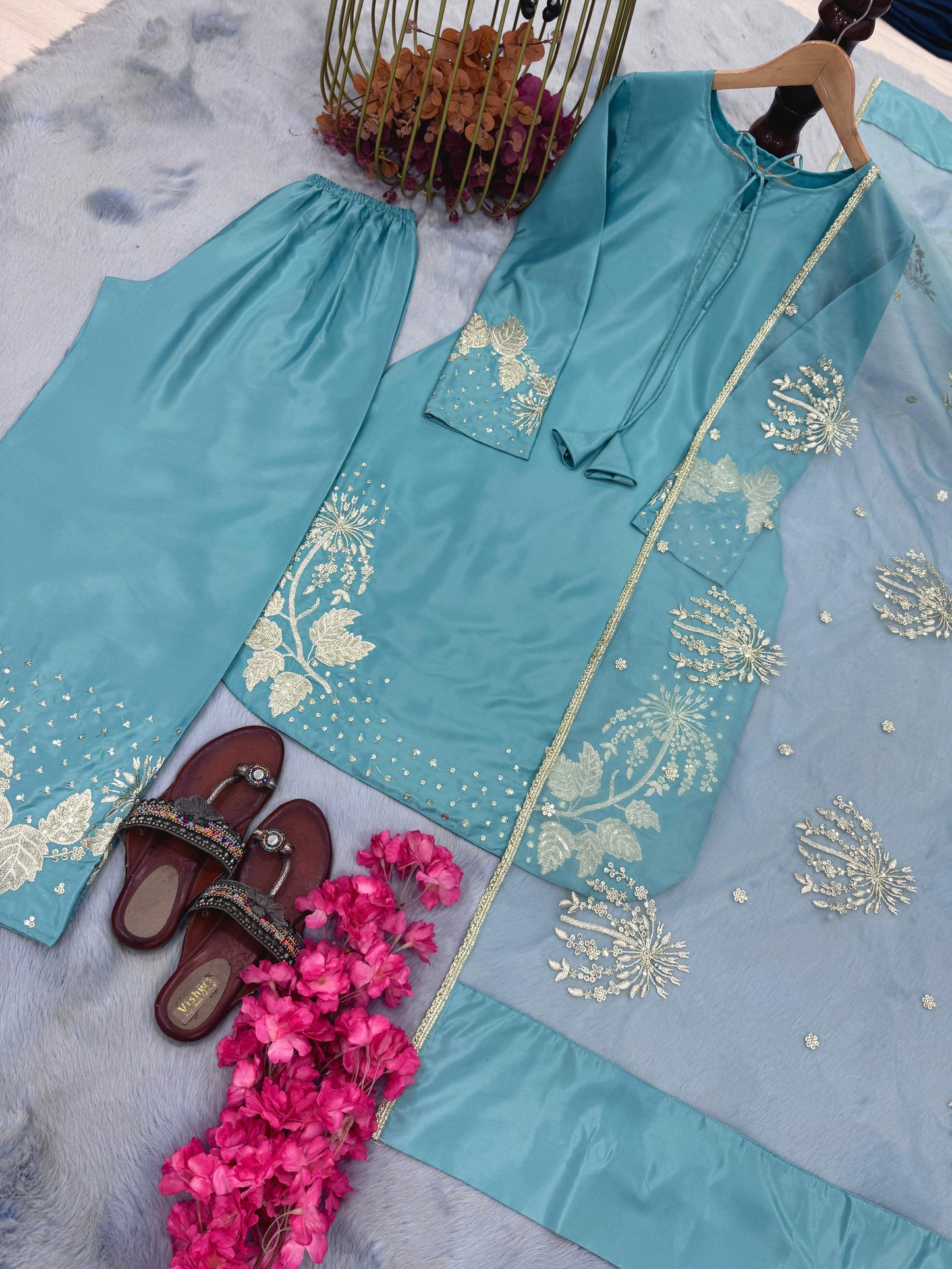 Sky Blue Color Beautiful Crepe Fabric Suit