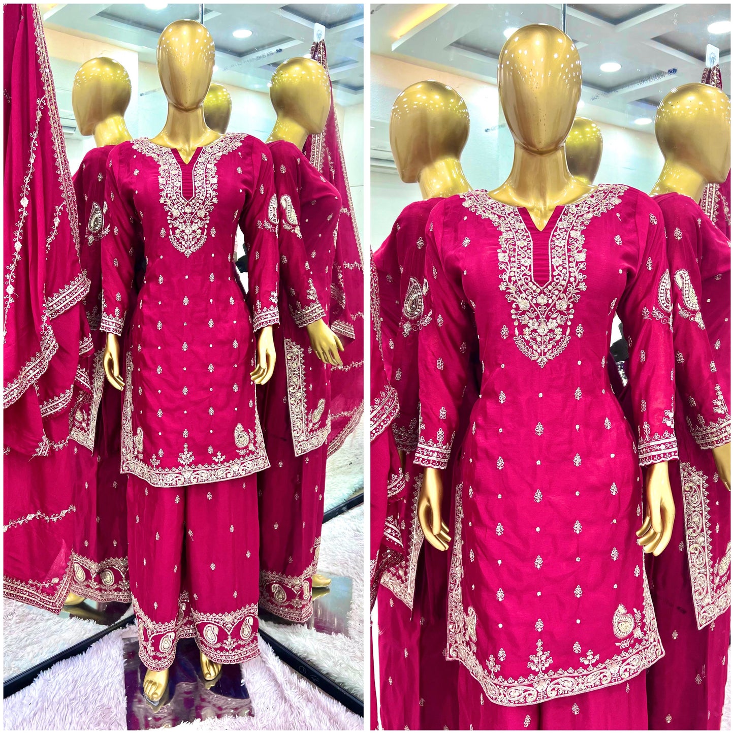 Pink Red Color Beautiful Plazo Suit In Chinon Fabric