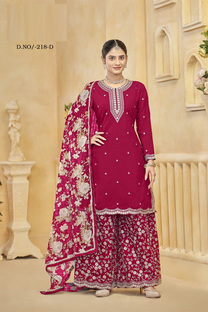 Pink Rani Color Partywear Heavy Suit In Roman Silk Fabric