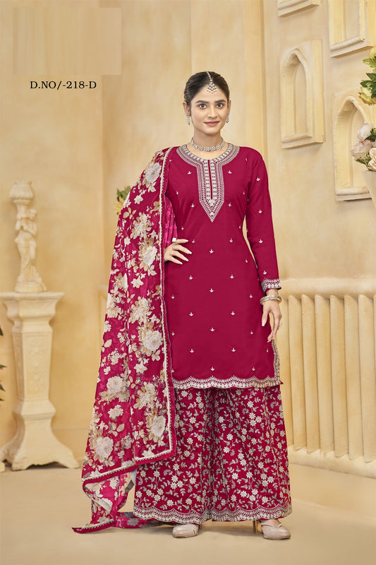 Pink Rani Color Partywear Heavy Suit In Roman Silk Fabric