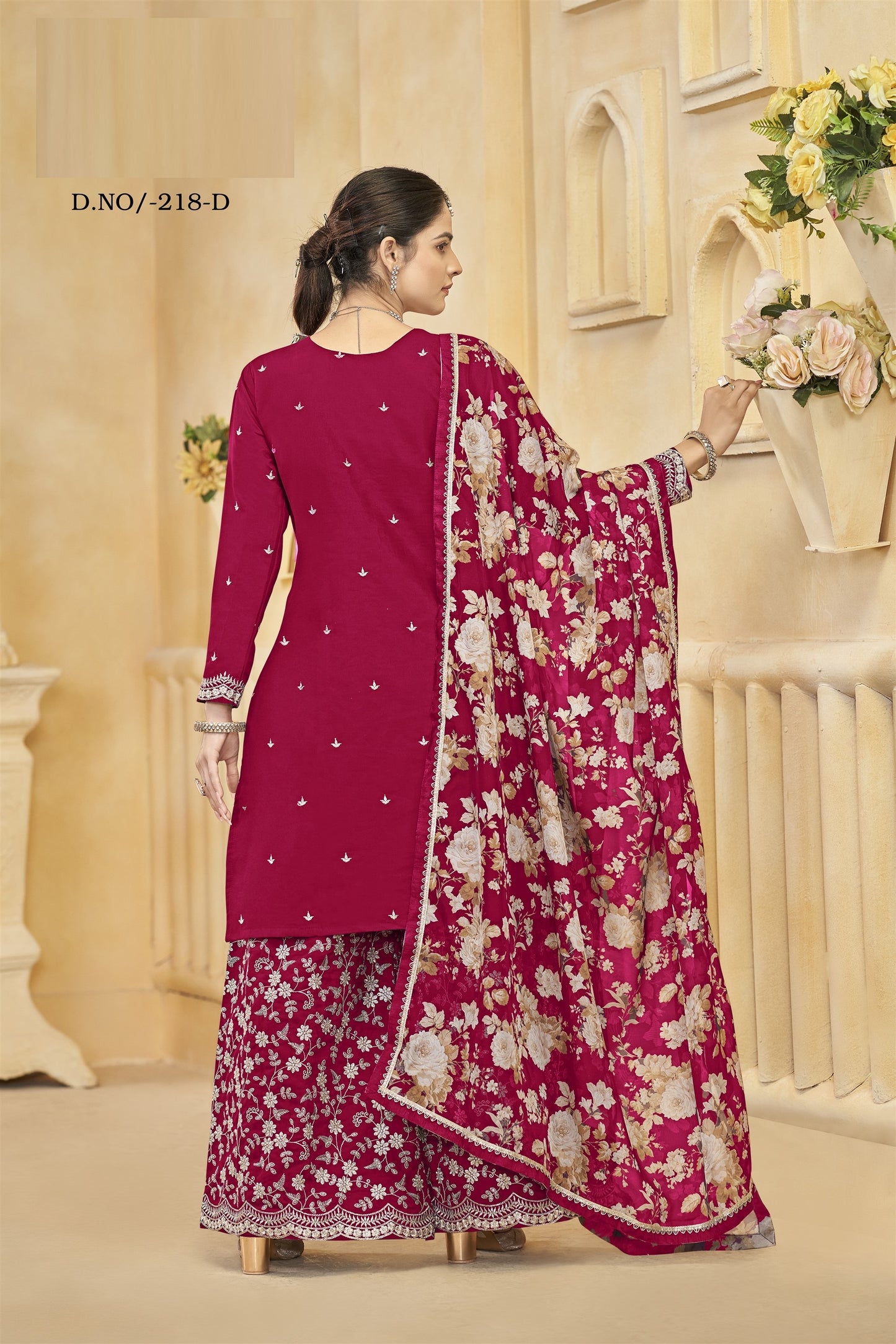 Pink Rani Color Partywear Heavy Suit In Roman Silk Fabric