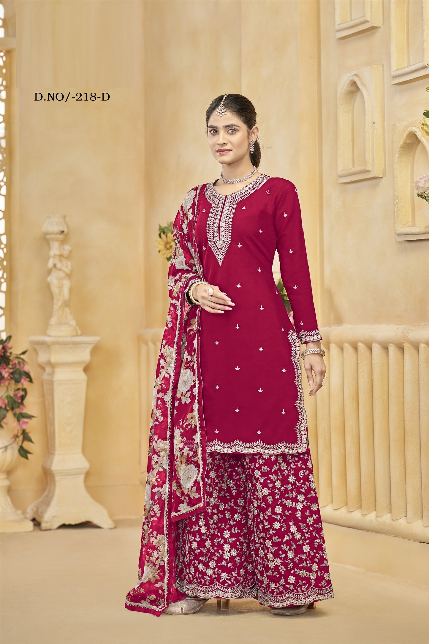 Pink Rani Color Partywear Heavy Suit In Roman Silk Fabric