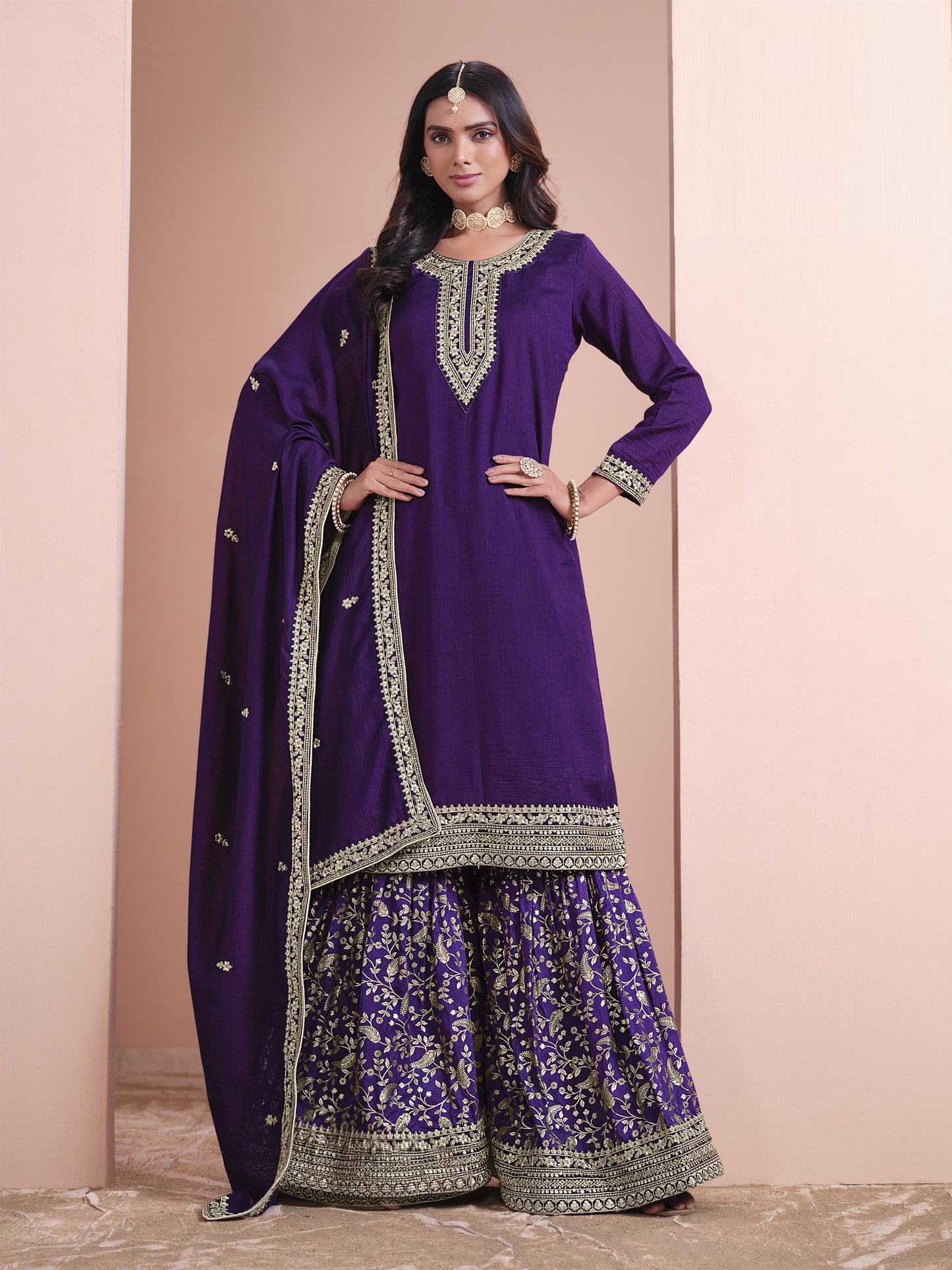 Blue Color Partywear Plazo Suit In Silk Fabric