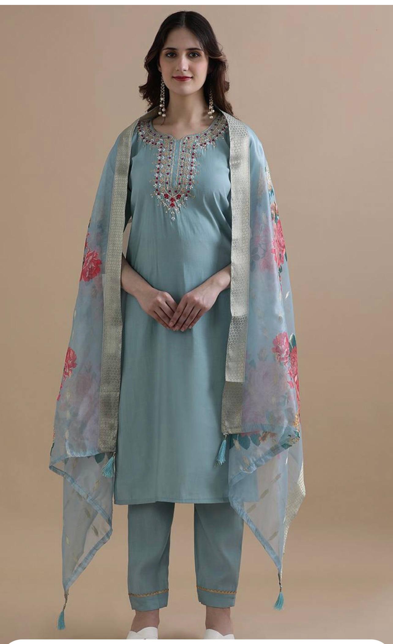 Sky BLue Color Beautiful Office Wear Kurti Pent Set