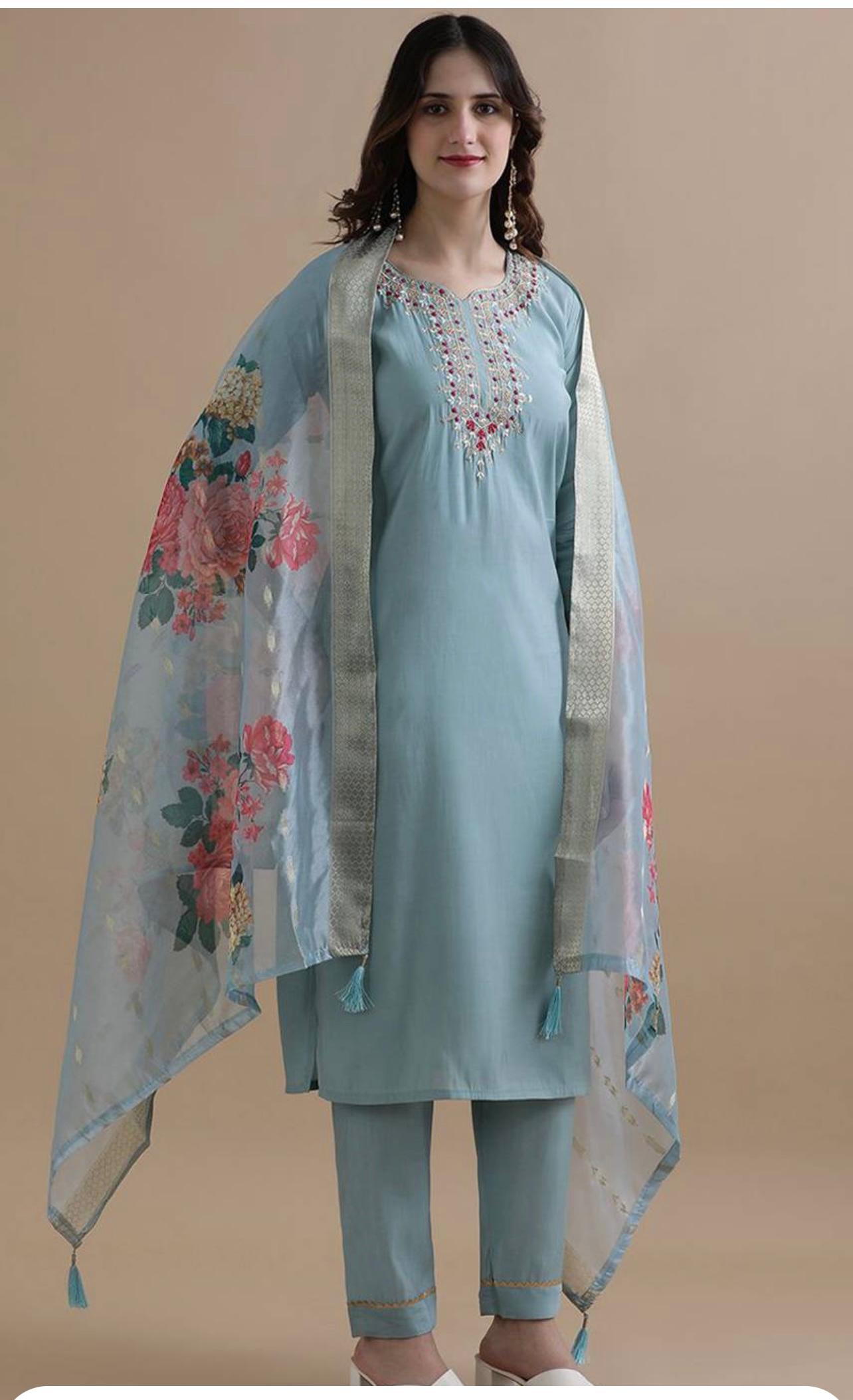 Sky BLue Color Beautiful Office Wear Kurti Pent Set