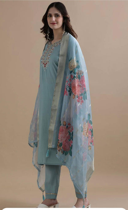 Sky BLue Color Beautiful Office Wear Kurti Pent Set