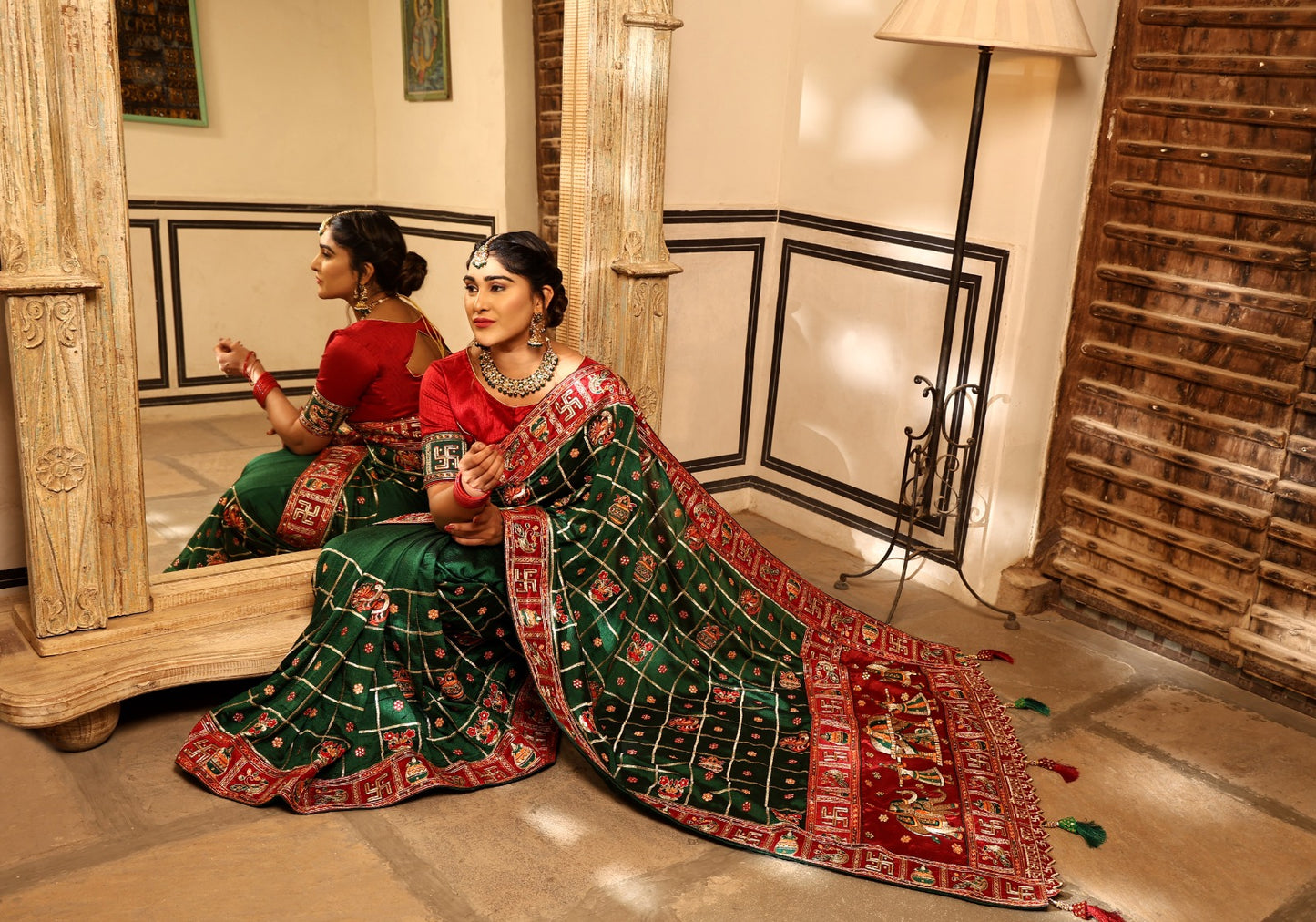 Green Red Color Panetar Patola Saubhagyavati Bhava Kalash Wedding & Special Occasion Saree