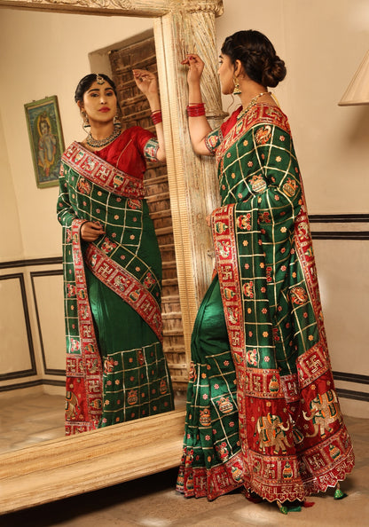 Green Red Color Panetar Patola Saubhagyavati Bhava Kalash Wedding & Special Occasion Saree