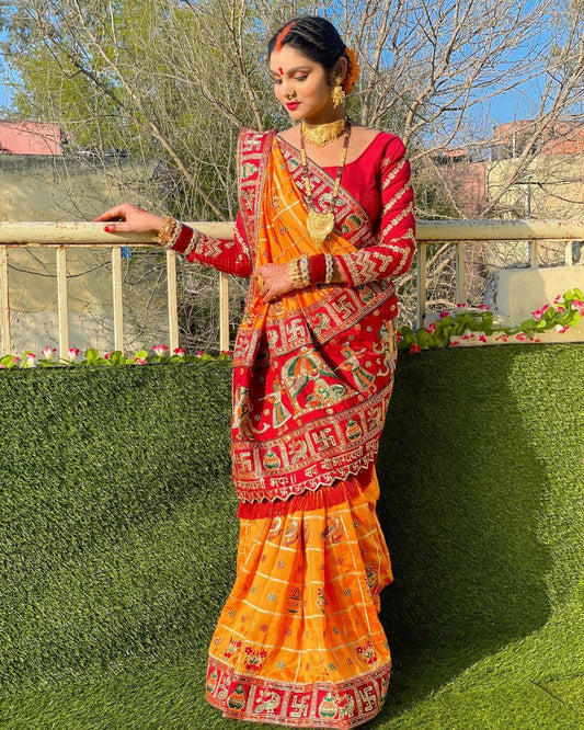 Mustards Yellow Red Color Panetar Patola Saubhagyavati Bhava Kalash Wedding & Special Occasion Saree