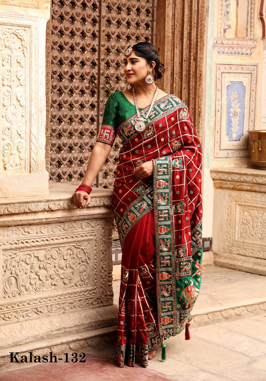 Dark Red Green Color Panetar Patola Saubhagyavati Bhava Kalash Wedding & Special Occasion Saree