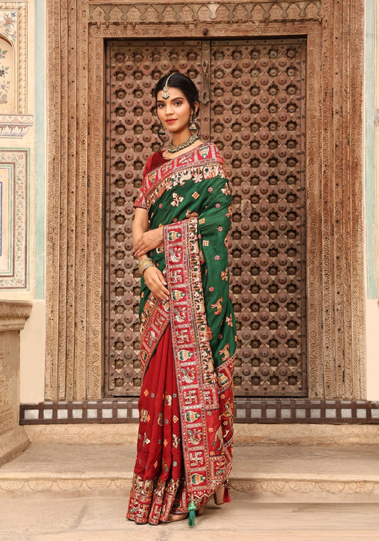 Green Red Color Panetar Patola Saubhagyavati Bhava Kalash Wedding & Special Occasion Saree