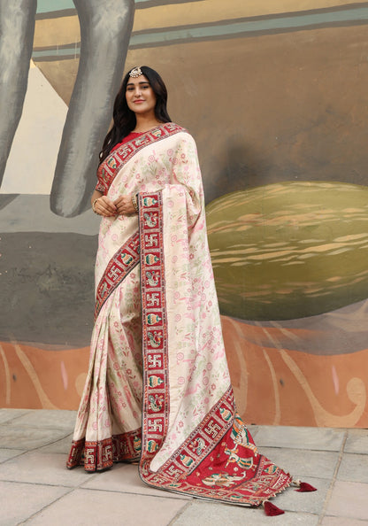 Panetar Patola Kalash Kanjivaram Silk Saree in White Dark Red Color