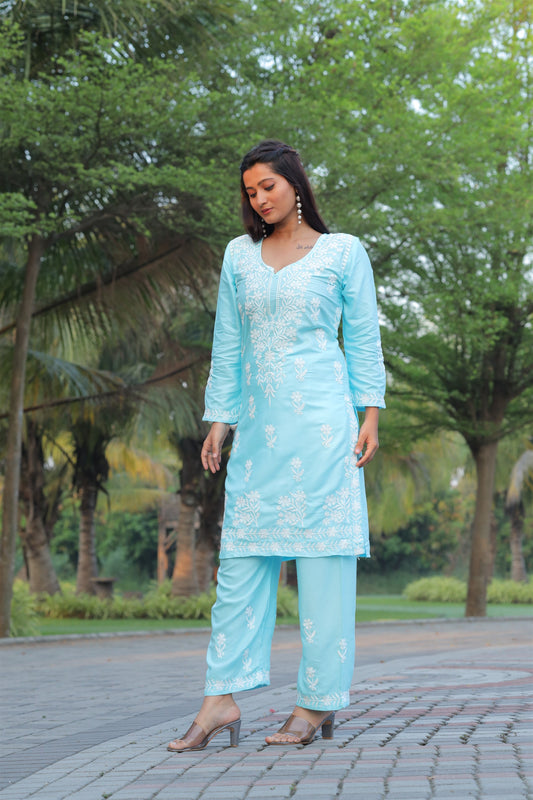 Sky Blue Color Beautiful Daily Wear And Summer Wear Kurti With Plazo in Rayon Fabric