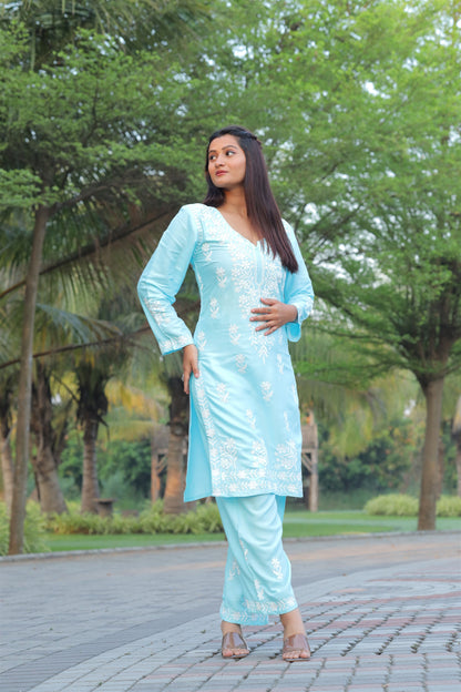 Sky Blue Color Beautiful Daily Wear And Summer Wear Kurti With Plazo in Rayon Fabric