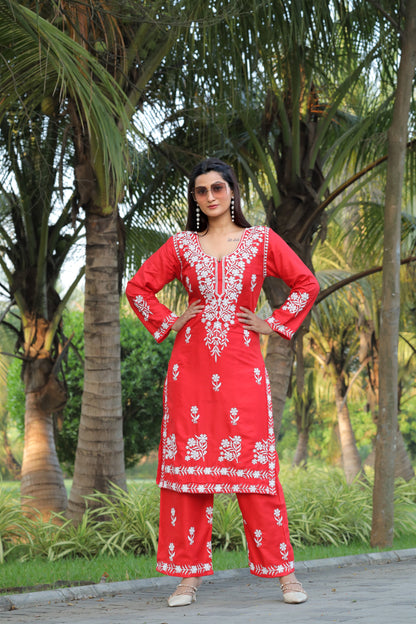 Red Color Beautiful Daily Wear And Summer Wear Kurti With Plazo in Rayon Fabric