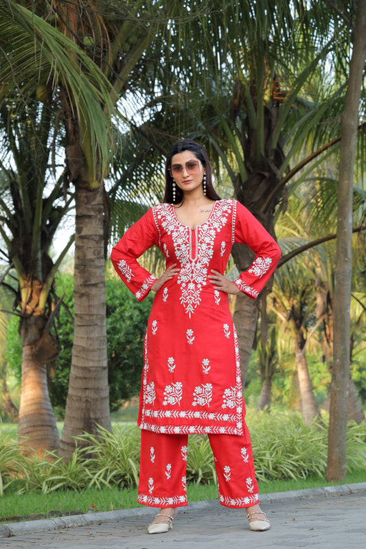 Red Color Beautiful Daily Wear And Summer Wear Kurti With Plazo in Rayon Fabric