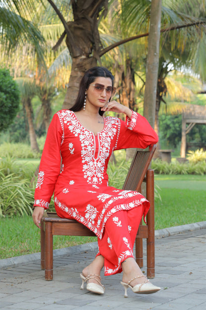 Red Color Beautiful Daily Wear And Summer Wear Kurti With Plazo in Rayon Fabric