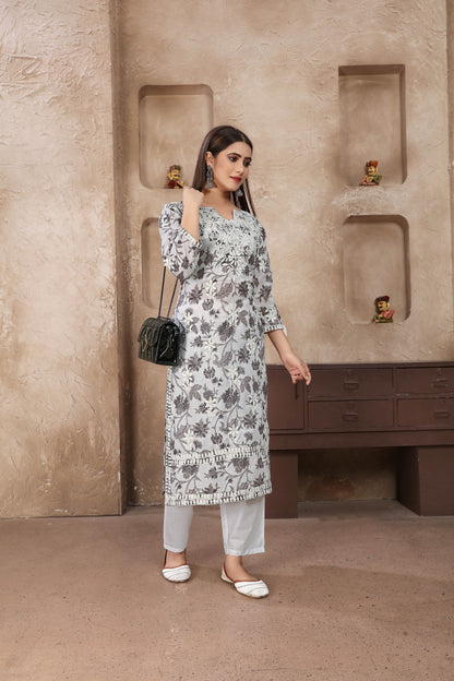 Cotton kurti Pent Set For Daily Wear Use In Summer in grey