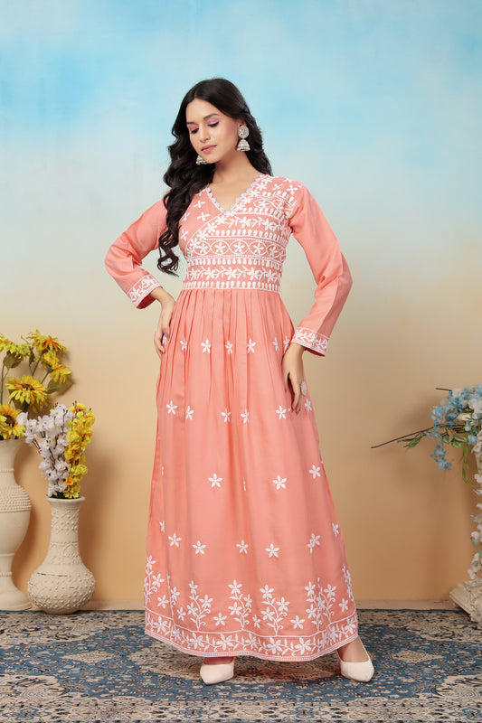 Rayon Fabric Chikankari Gown With Pant for summer wear or office wear