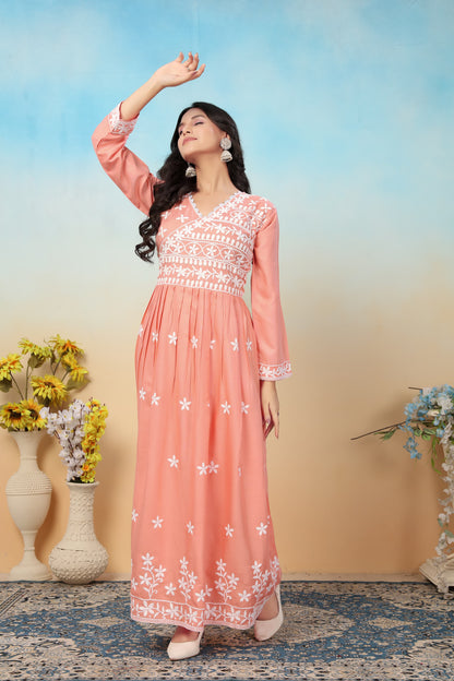 Rayon Fabric Chikankari Gown With Pant for summer wear or office wear