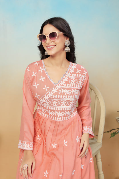 Rayon Fabric Chikankari Gown With Pant for summer wear or office wear