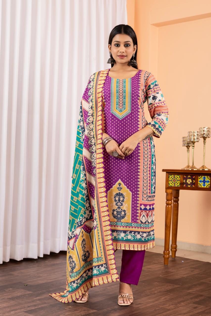 Purple Color Rayon Cotton Suit FOr Daily Wear Use