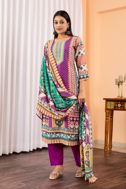 Purple Color Rayon Cotton Suit FOr Daily Wear Use