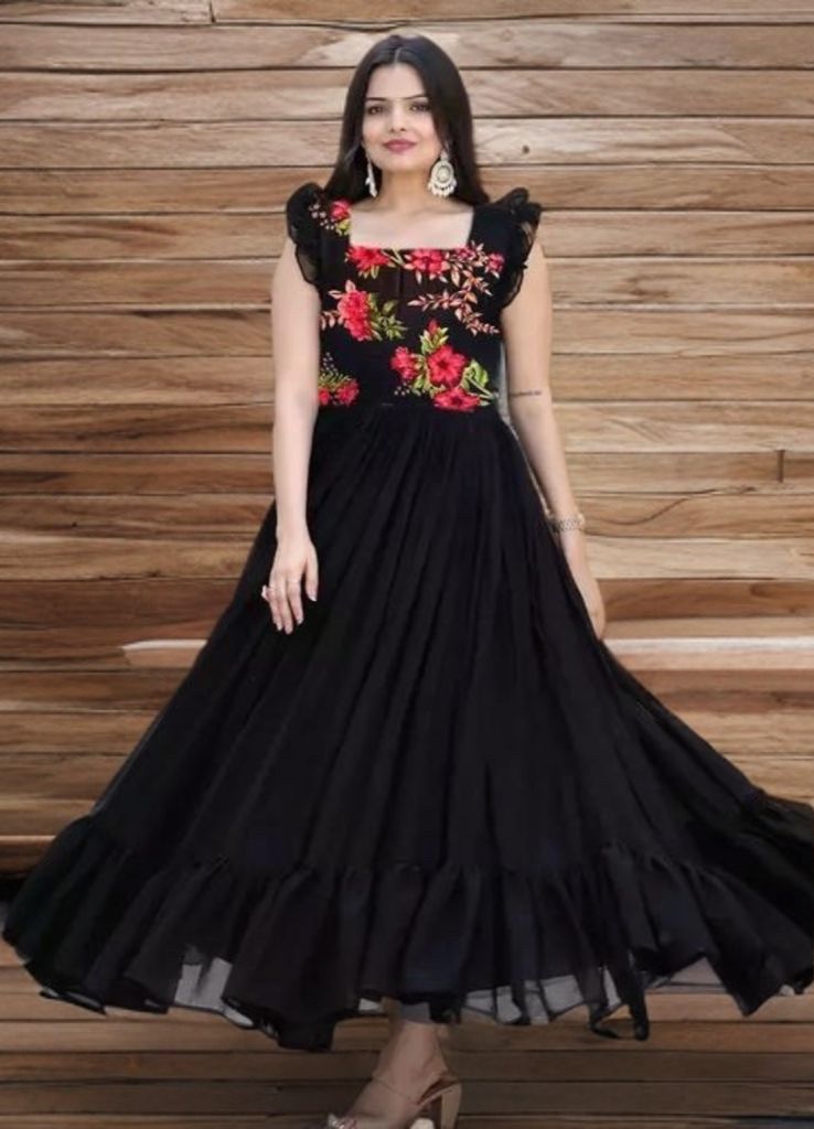 Designer Printed Black Long Gown Black Rose