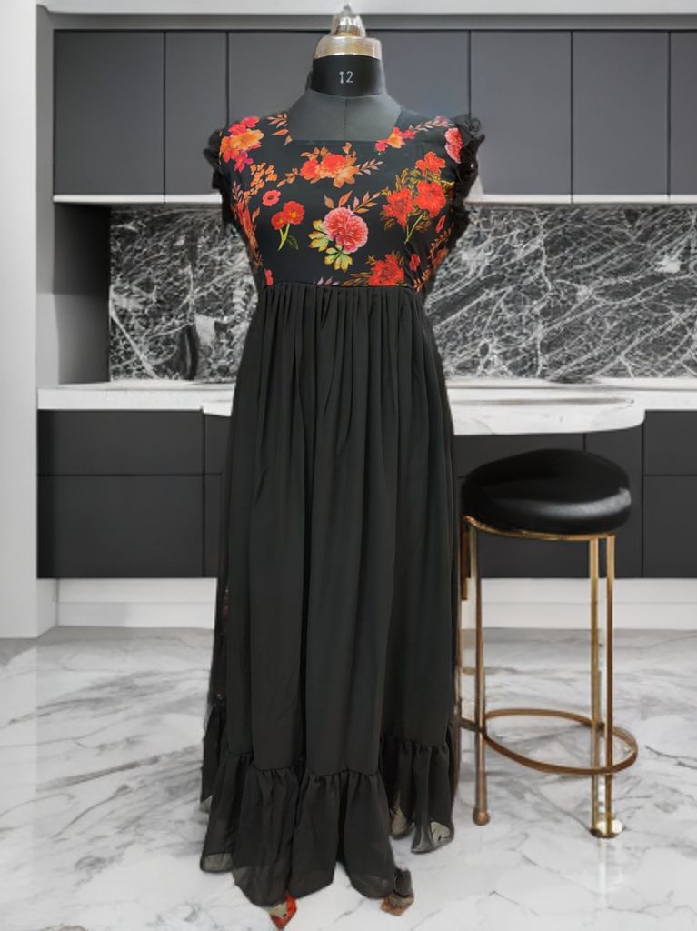 Designer Printed Black Long Gown Black Rose