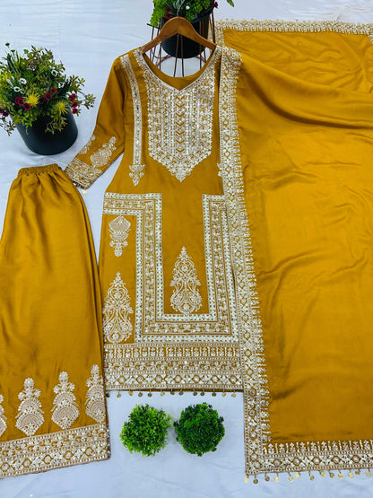 Yellow Color Beautiful Partywear Dress in Chinon Fabric