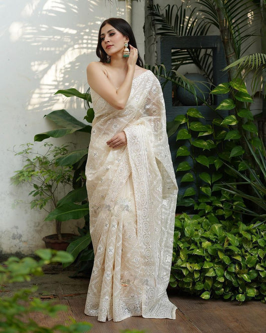 Off White Silk Organza Saree With Lucknowi &amp; Silver Zari work